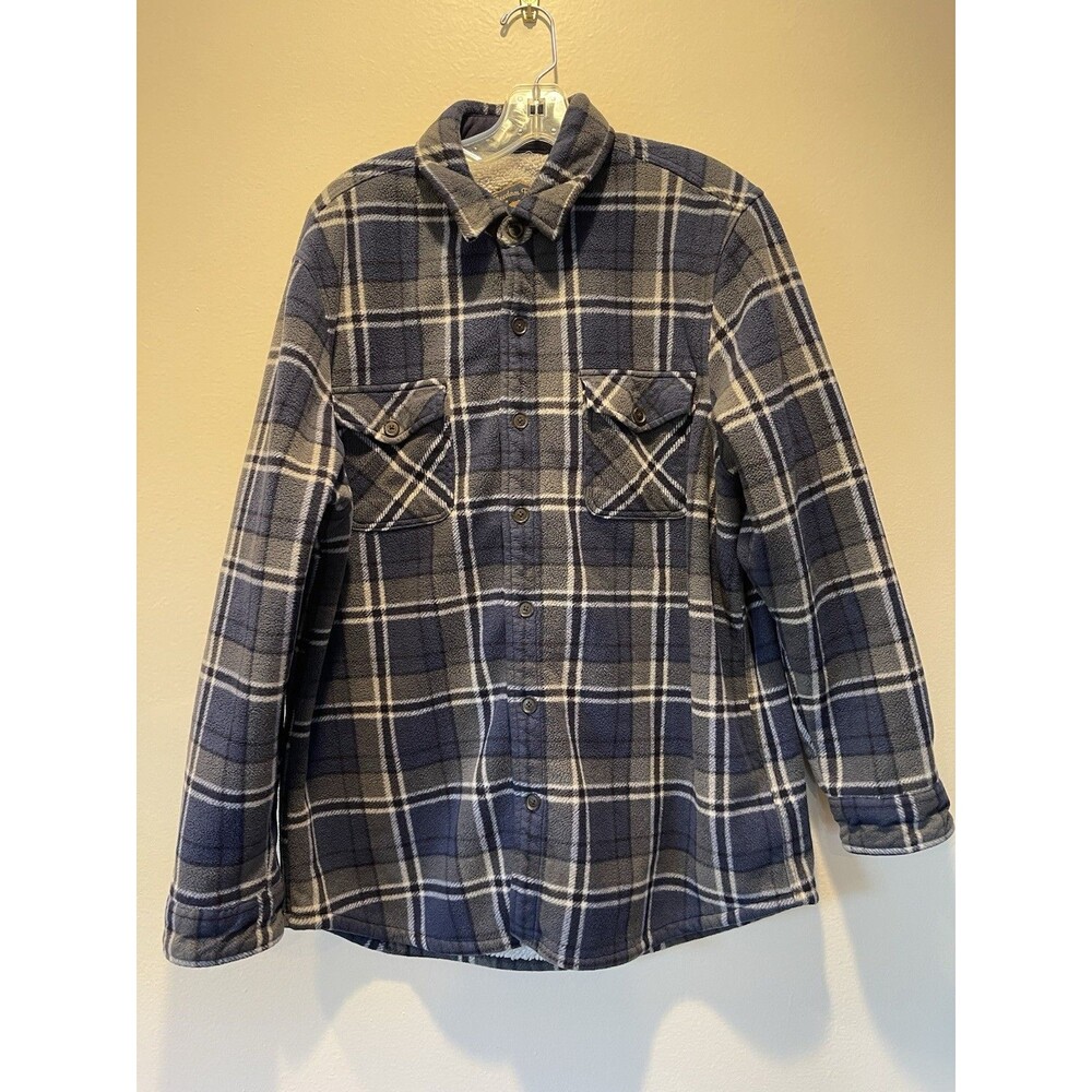 Freedom Foundry Sherpa Lined Flannel Shirt Jacket Blue Gray Plaid Mens L Winter
